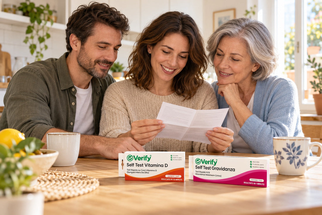 Famiglia che legge le istruzioni a casa, con confezioni Verify® Self Test Vitamina D e Gravidanza sul tavolo.
